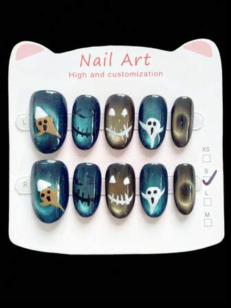 10 件手工制作的按压指甲、假指甲、美容美甲、猫眼指甲、万圣节指甲、按压短指甲、圣诞指甲，适合女性和女孩日常或节日佩戴，高端品质。