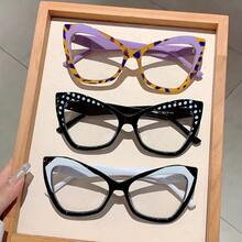 1 Pair Of Women's New Full Frame Cat Eye Shaped Non-Prescription Glasses Fashion  Frame Color Block Design Retro Simple Black Glasses For Daily Decoration - 卡其色豹紋 - 查看 10