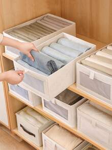 1 pieza Cesta de almacenamiento plegable de tela de lino con ventana transparente y asa, caja de almacenamiento plegable reforzada, adecuada para el armario del dormitorio, gran capacidad para almacenamiento de ropa - Beis - Ver 1