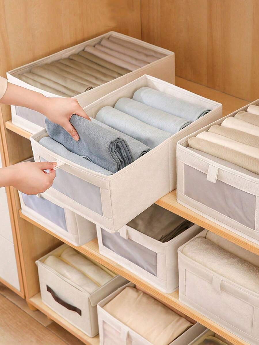 1 pieza Cesta de almacenamiento plegable de tela de lino con ventana transparente y asa, caja de almacenamiento plegable reforzada, adecuada para el armario del dormitorio, gran capacidad para almacenamiento de ropa - Beis - Ver 1