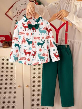 2025新款男童秋冬假日派对长袖连体衣，3件套，圣诞派对假日圣诞树和小鹿印花连体衣，带蝴蝶结，适合假日派对、特殊场合、休闲穿着