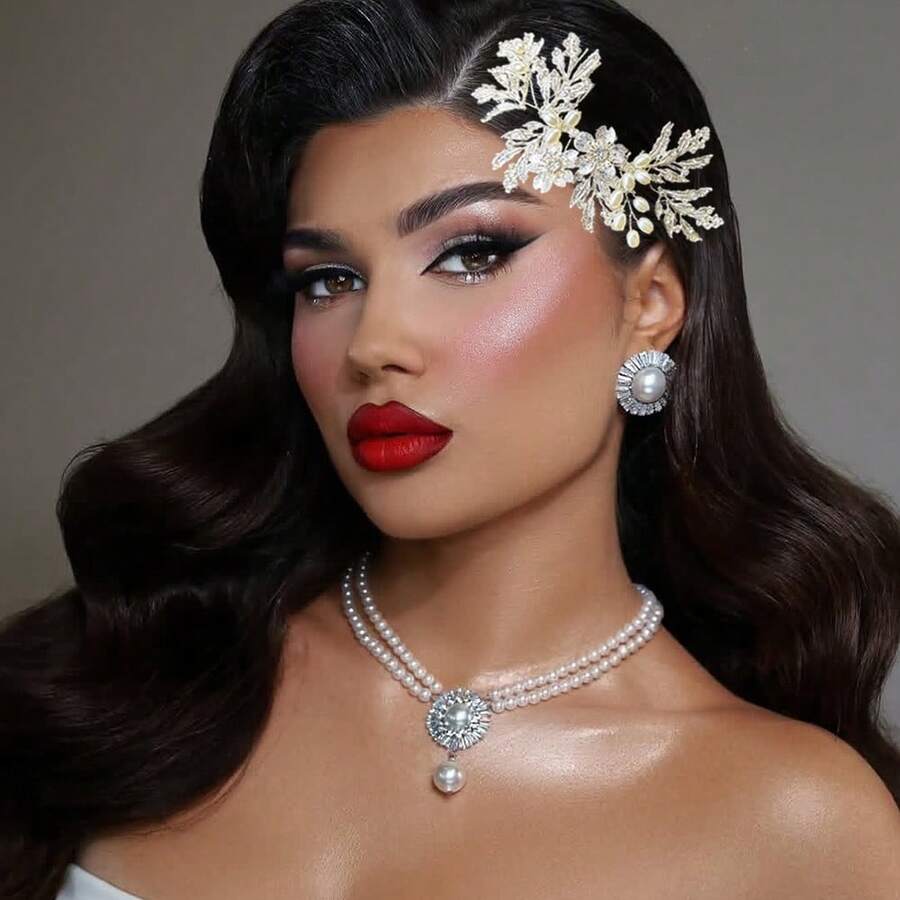 1 Stück handgefertigter Braut Silber & Gold Strass Haarschmuck, Haarklammer aus Legierung mit Blatt, schwerer Metall Blatt Haarclip, geeignet für Hochzeit, Verlobung, Abschlussball