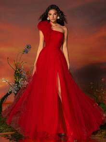 VIPGIRL Hostess Red Beaded Tulle Asymmetrical Neck Evening Gown With Formal, Elegant Look Suitable For Wedding, Party, Annual Meeting Party Dress Wedding Guest Dress Evening Dress - Red - View 5