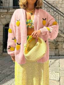 Cárdigan de punto con cuello en V de manga larga con patrón 3D de zanahoria para mujer, color rosa, romántico, para uso diario, vacaciones, informal, holgado, chaqueta, tops para el Día de San Valentín, citas