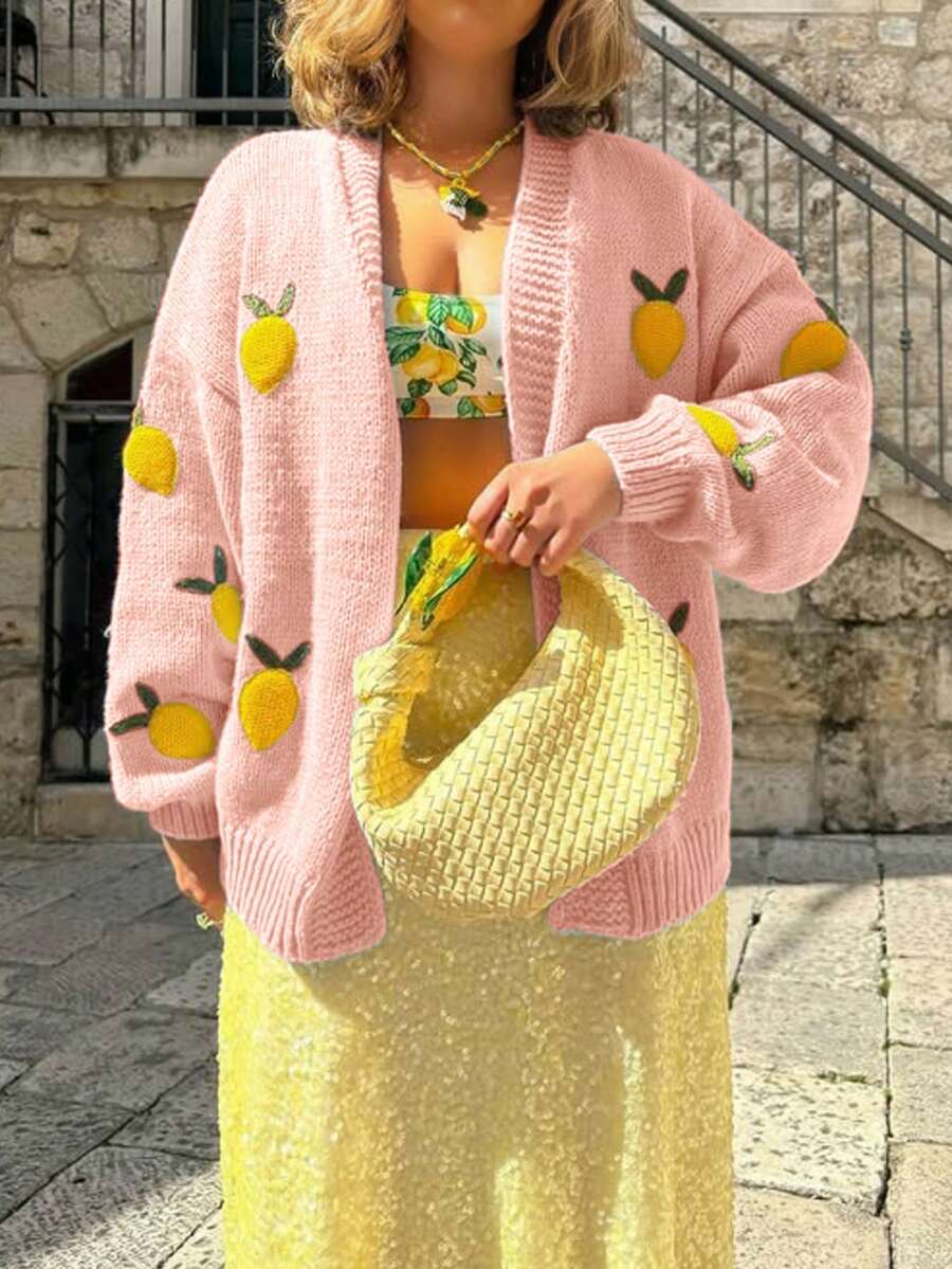 Cárdigan de punto con cuello en V de manga larga con patrón 3D de zanahoria para mujer, color rosa, romántico, para uso diario, vacaciones, informal, holgado, chaqueta, tops para el Día de San Valentín, citas