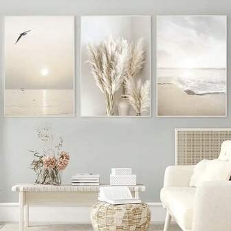 Juego de 3 piezas con marco de madera opcional - Impresiones de animales y pájaros, Hierba beige, Playa de puesta de sol con palmera, Arte en lienzo de estilo nórdico moderno, Adecuado para decoración de dormitorio y sala de estar, Regalo de pintura mural impermeable