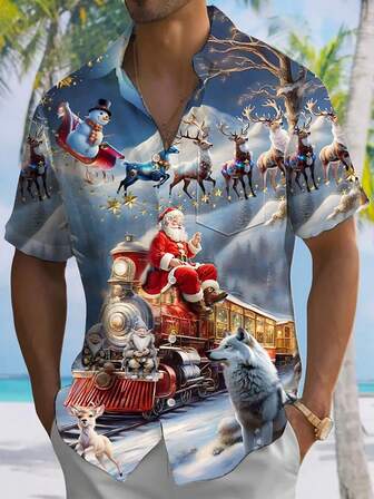 Christmas Santa Claus Print Men's Button Pocket Short Sleeve Shirt