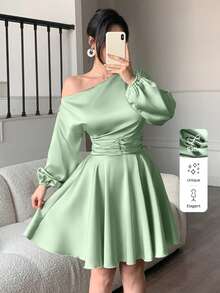 abyoxi 女士鼠尾草绿优雅性感不对称领口泡泡袖长袖荷叶边缎面迷你连衣裙，腰部褶皱设计，性感浪漫，适合派对、约会、新年、情人节、春夏秋季短款连衣裙 - 豆綠色 - 查看 3