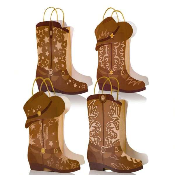 4 peças de botas jeans femininas, presentes para festa com tema de faroeste, sacolas de papel kraft para meninas do Velho Oeste, artigos para festa com tema de "Último Jogo" para meninas solteiras, presentes jeans para mulheres