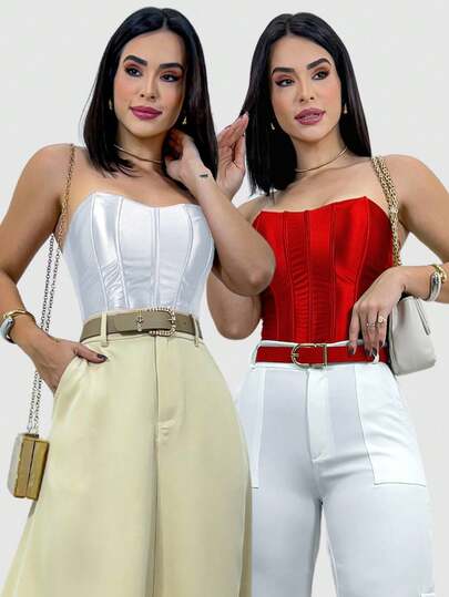 Kit 2 Cropped Corset Sem Manga Acetinado Top Modelador Decote Sexy