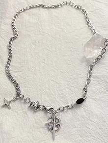 1pc Black Gemstone Starburst Niche Streetwear Necklace, Unique Design For Men, Elegant Clavicle/Sweater Chain For Halloween Accessories Teachers Day Streetwear Accessories Jeans Accessories