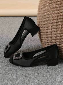 Square Toe Chunky Heel Women's Shoes, Versatile Rhinestone Button Slip-On Flats, Fashionable Mule Shoes, Black High Heels, Women's High Heel Pumps, Run Large, Size 35-43