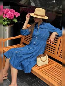 女式荷叶边休闲牛仔连衣裙，3/4 袖，优雅修身中长款牛仔连衣裙，适合秋冬牛仔服装 - 中等水洗藍 - 查看 7
