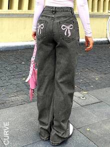 Large Size Women's Simple Casual Loose Straight Tube Y2K Pocket Bow Embroidery Washed Denim Pants - Grey - View 1