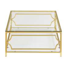 Square Glass Coffee Table In 33.5", Luxurious Geometric Metal Frame, Gold Finish & Lower Shelf, Transparent
