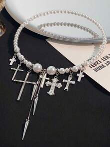 1件时尚精致星形十字吊坠，朋克风合金仿珍珠水钻银项链吊坠，适合女性日常、派对、音乐会佩戴，可作为圣诞节或新年礼物 - 銀色 - 查看 9