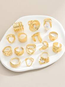 50/30/10/2件套女士时尚戒指套装，不对称光滑几何液态戒指，夸张复古风格，可叠戴宽边戒指，时尚优雅百搭戒指套装（款式随机） - 金黃色 - 查看 3