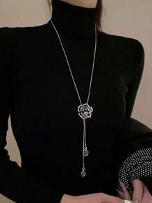 1pc Premium Elegant Classic European & American Style Zirconia Chain Long Tassel Sweater Necklace, Fashion Accessory - Silver - View 8