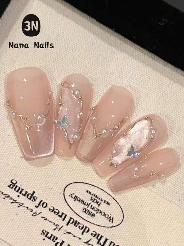 1Package/10Pcs Acrylic Press On Nails, Summer Pink Nails,Medium Mermaid Dream Butterfly Wing Pink Nail Handmade Nail Art Pure Handmade Wear Nail (With 1 Piece Of Jelly Glue + 1 Small Rubbing Strip) Nail Supplies Nails