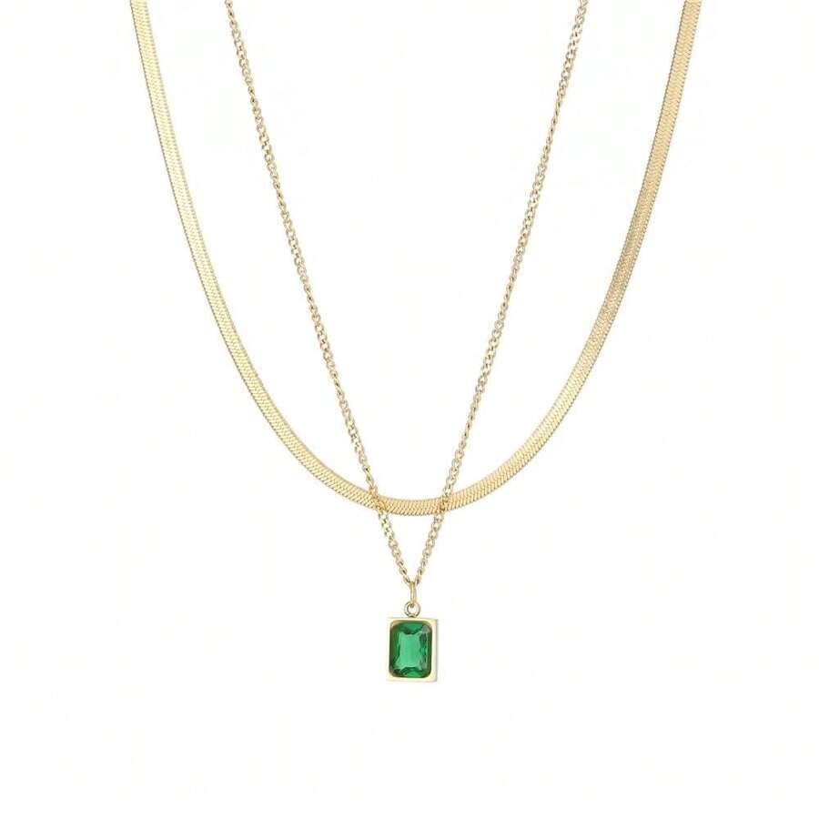 Q&D&S 18k Gold Emerald Necklace For Women,Birthstone Rectangle Princess Cut Charm Necklace,Blue Sapphire Or Green Emerald Gemstone Pendant Necklace-705367 - 風格D - 查看 1