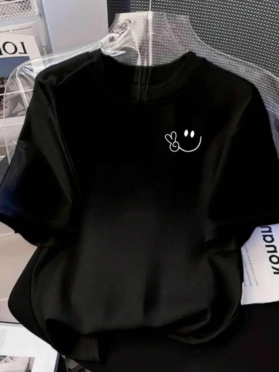 Camiseta casual casual de manga corta suelta con cuello redondo de color sólido para mujer Summer Y2K - Negro - Ver 1