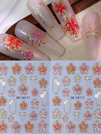 5D Gold Line Hibiscus Flower Nail Sticker Embossed Metallic Asymmetrical Square Frame Pink Red Floral Petals Bowknot DIY Spring Summer Elegant Y2K Style Self-Adhesive Gel Polish Decal Sliders Holographic Nail Art Decoration Home Salon Nail Supplies