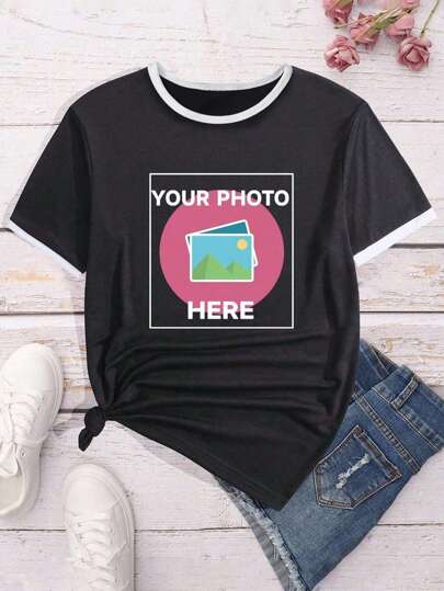 Anpassningsbar personlig dam-T-shirt - Lägg till ditt eget foto/text (familjefoto/selfie/uttalande/dagbok), designa din egen specialtryckta T-shirt, moderiktig, hiphop, unik damkläder, kan användas som present till dina egna flickvänner, familjemedlemmar, vänner, barn, etc., känn dig fri att leka med din design.