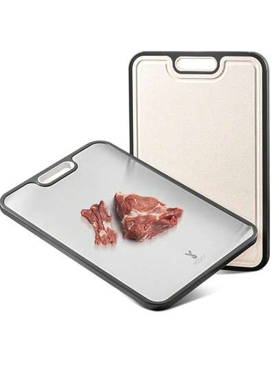 15英寸 x 10英寸不锈钢双面砧板，适用于肉类和蔬菜，采用麦秸PP材质，易于清洁，尺寸大。