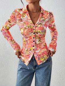 Women Button Down Floral Shirts  Fall Long Sleeve V Neck Ruched Fitted Mesh Blouse Tops Date Outfits Valentine's Day Vacation Fall Clothes For Women - Hồng đỏ - Xem 6