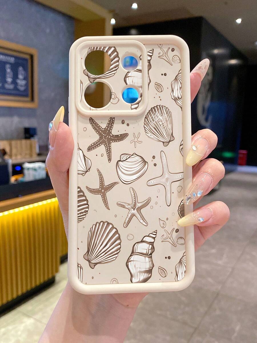 Suitable For Android Phones S25Ultra S24Ultra S23Ultra S22Ultra/Redmi14 Compatible With Redmi Note 14/Compatible With OPPO/Compatible With Realme/Compatible With Infinix Series, 1pc Fashionable Anti-Fingerprint Shock-Proof Anti-Drop Phone Case, Ocean Elements Starfish & Shell Pattern, Minimalist Design Soft Silicone Protective Cover,International Version, Not The Domestic Version - Beige - View 1