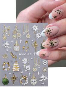 2 件 5D 浮雕节日指甲贴纸节日图案雪花树水晶球吊坠指甲艺术贴花自粘美甲贴纸 DIY 节日指甲装饰礼物适合女性女孩 - 彩色 - 查看 4