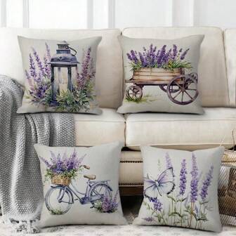 4pcs Lavender Flower Series Single-Sided Plaid Print Pillow Covers, Chair Cushions, For Home Outdoor Sofa Decor, Bedroom Living Room Decor (15.748inch*15.748inch, 17.7inch*17.7inch, 19.685inch*19.685inch, 11.81inch*119.685inch)