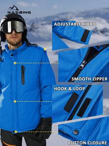 NASBING 男士冬季滑雪服 防水防风 滑雪板保暖连帽冬装 4口袋派克大衣 徒步露营登山滑雪 - 藍色 - 查看 6