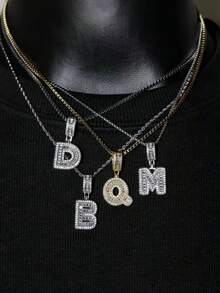 1 pieza Colgante de lujo de circonita cúbica plateada con collar de acero inoxidable, adecuado para uso diario de hombres y mujeres, collar con diseño de letra para parejas, regalo del Día de San Valentín