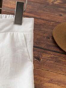 1pc Women's Casual French Style White Linen Texture Flowy Soft Pocket Pants, Spring/Summer - trắng - Xem 3