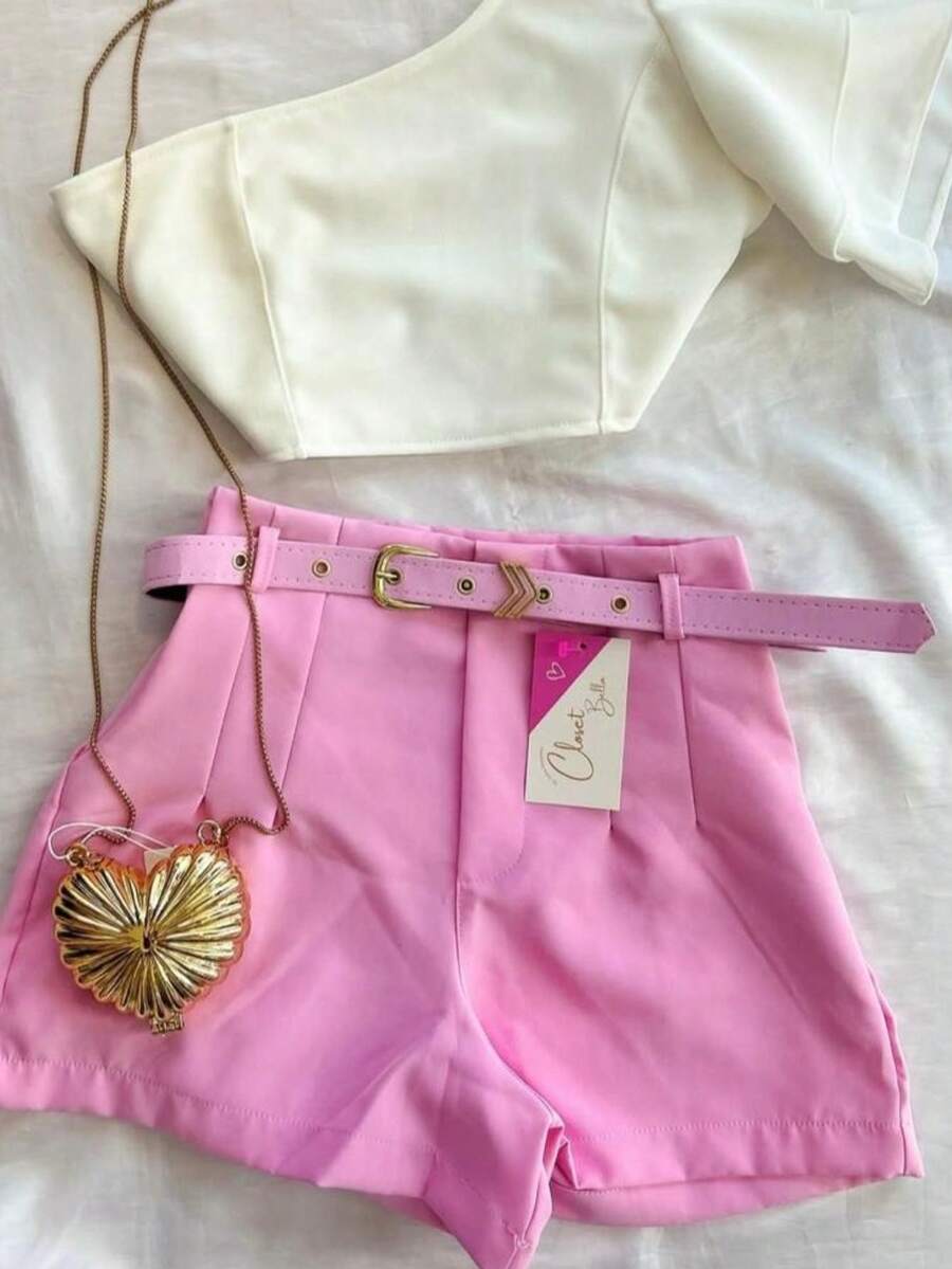PREMIUM COMFORTABLE SHORTS WITH LINED BELT FASHION - Baby Pink - View 1