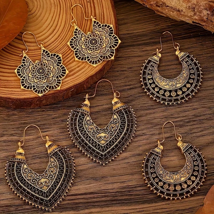 3 Pairs Vintage Metal Hollow Flower Earrings Set Women Bohemian Carved Drop Earring Daily Wear Festival Souvenir Gifts - 3 Pairs/Set - 查看 1