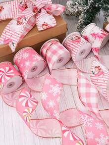 1PC 177-Inch Pink Christmas Holiday Ribbon, Cute Santa Claus Candy Snowflake Christmas Tree Pattern Ribbon, Made Of Polyester, Suitable For Christmas Decoration, Gift Packaging, Box Decoration, DIY Craftsmanship, Christmas Gifts, And Gift-Giving Christmas Decorations Winter Room Decor Christmas Decorations Home Christmas Gifts Christmas Decor