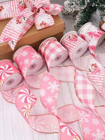 1PC 177-Inch Pink Christmas Holiday Ribbon, Cute Santa Claus Candy Snowflake Christmas Tree Pattern Ribbon, Made Of Polyester, Suitable For Christmas Decoration, Gift Packaging, Box Decoration, DIY Craftsmanship, Christmas Gifts, And Gift-Giving Christmas Decorations Winter Room Decor