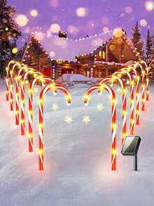 10-In-1 Solar Powered Christmas Candy Cane Lights - 5/8/10 Pcs Set, 8 Flashing Modes, Holiday Red & White Striped Design, Auto Charging Under Sunlight, Auto Lighting At Night, Warm White LED Outdoor Decor, Outdoor Holiday Decoration, Christmas Ground Stake Lights, Star-Shaped Design, Ideal For Holiday Gifts, Holiday Decor, Outdoor Lighting