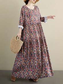 AZAH Bluzki, Jesienna sukienka damska, Kraciasta sukienka jesienna, Sukienka na powrót do szkoły, Jesienna, Nowa, Retro, jesienna sukienka z okrągłym dekoltem i długimi rękawami (2025), Plisowana spódnica, Jesienna odzież damska, Czeska, swobodna sukienka plażowa na wakacje, Jedna sukienka, Losowy nadruk