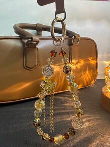 Vintage Maillard Rose Crystal Butterfly Tassel Phone Lanyard, Delicate Versatile Bag Charm, Camera Strap Accessory, Elegant High-End - 棕色 - 查看 5