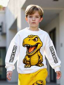 两件套男童恐龙印花卫衣和裤子套装，秋冬休闲街头时尚装 - 黃色 - 查看 4