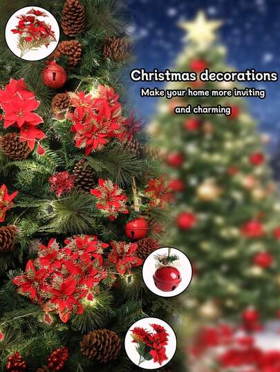 10 Pcs Christmas Decorative Flowers In Gold - Red Colors, Multiple Styles - Ideal For Christmas Tree & Festival Decoration, Perfect For Christmas, Birthday, Graduation, Themed, Housewarming, Bachelorette Parties And Daily Use