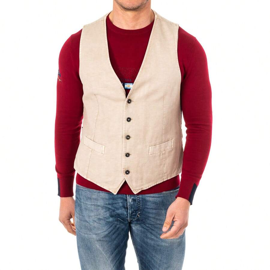 La Martina Gilet da uomo in maglia fine con cintura regolabile scollo a V HMJA11 - Beige - Visualizzare 1