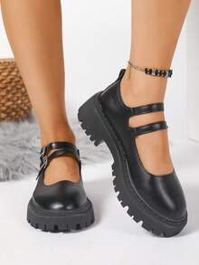 1 Paar Damen Schwarze Lederschuhe, modische vielseitige Ballerinas mit Doppelschnalle, weiche rutschfeste Sohle, passend zu Kleidern