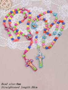 1pc Affordable Stylish Religious Rosary Beaded Necklace, Colorful Catholic Rosary Prayer Beads, Cartoon Baptism Cross Pendant Sweater Chain, Christian Cross Necklace