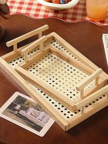 1pc Rattan Vintage Tray, Retro Kitchen/Dining Room Storage Organizer Tray, Birthday Gift, Dessert Tray, Wooden Rectangular Storage Tray, Candle Holder, Cosmetic Organizer Tray, Bathroom Bathtub Caddy Tray, Also Suitable For Living Room, Dining Room, Entertaining Guests, Snack Plate, Holiday Decor