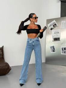 SQUALO Dark Blue Denim Pants With Double Button Detail - Teal Blue - View 7