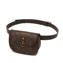 Women's Shoulder Bag Handmade Leather Carved Flower Fanny Pack Vintage Tan Adjustable Belt Mini Shoulder Bag Western Style Carved Leather Waist Bag Vintage Embossing Craft Versatile Crossbody Bag - 咖啡 - 查看 3